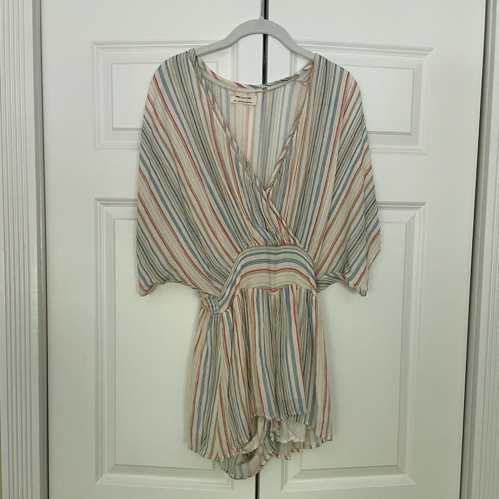 Striped Short Sleeve Wrap Romper in Multi-Color